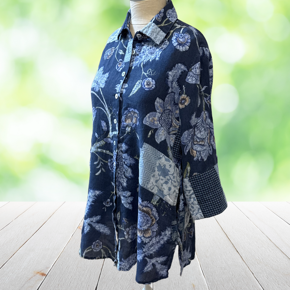 Vintage APRIL CORNELL Tunic Top Linen Blend Blue Patchwork Lagenlook Artsy Sz M